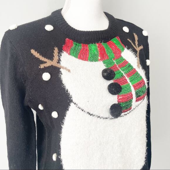 Forever 21 snowman holiday Christmas sweater size small black crew pullover - Picture 3 of 8